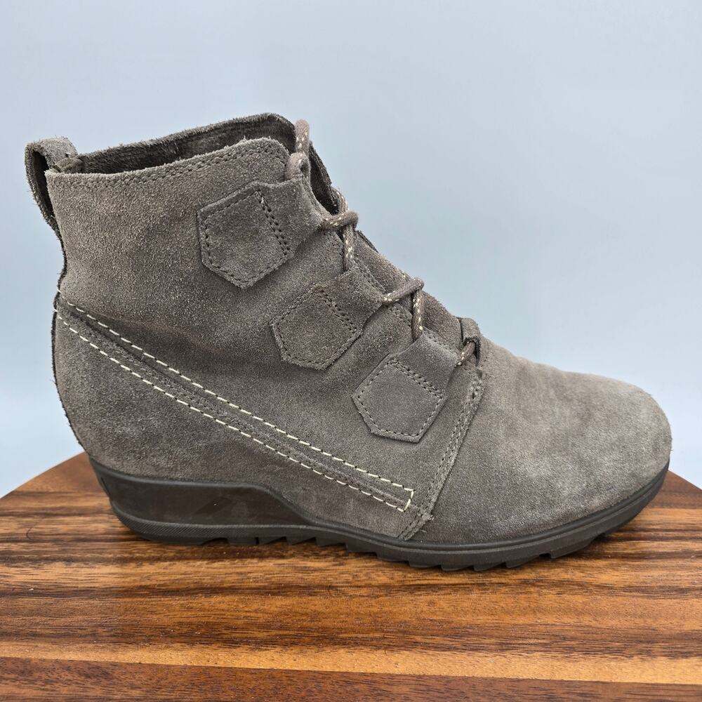 Sorel Evie Boots Womens 10 Gray Suede Leather Hidden Wedge Lace Up Booties